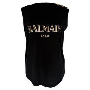 Balmain Gold Logo Sleeveless Top in Black Cotton